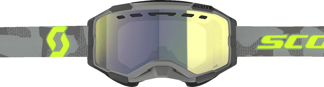 Scott Fury Snow Cross Goggle in light gray and neon yellow with enhancer yellow chrome lens for snow sports protection.