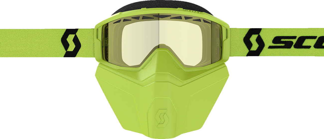 Scott Primal Safari snow goggle with yellow and black face mask, designed for winter sports and outdoor adventures.