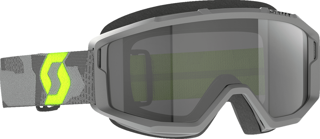 Scott Primal Sand Dust Goggle in light gray and neon yellow with dark gray frame, designed for protective outdoor use.