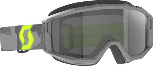 Scott Primal Sand Dust Goggle in light gray and neon yellow with dark gray frame, designed for protective outdoor use.
