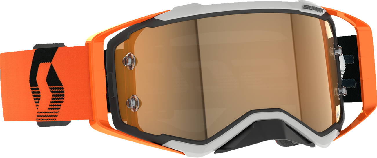 Scott Prospect Amplifier Goggle in gray and brown with gold chrome detail, featuring adjustable strap and clear lens.