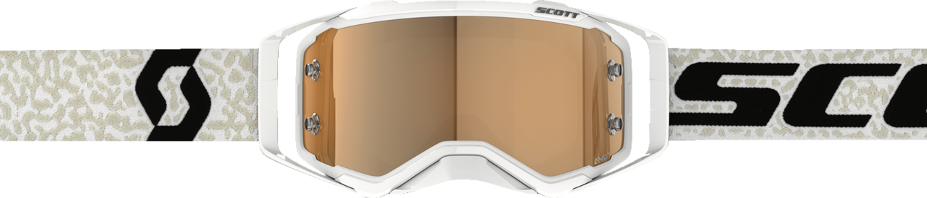 Scott Prospect Amplifier Goggle in white and black with gold chrome lens, designed for motorcycle riding and protection.