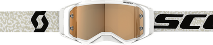 Scott Prospect Amplifier Goggle in white and black with gold chrome lens, designed for motorcycle riding and protection.