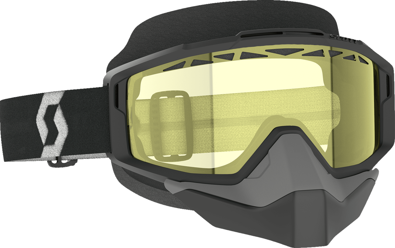 Scott Split OTG snow goggles in black, white, and yellow with adjustable straps, designed for winter sports and snowboarding.