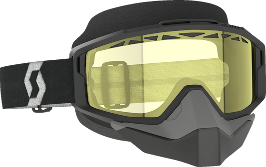 Scott Split OTG snow goggles in black, white, and yellow with adjustable straps, designed for winter sports and snowboarding.