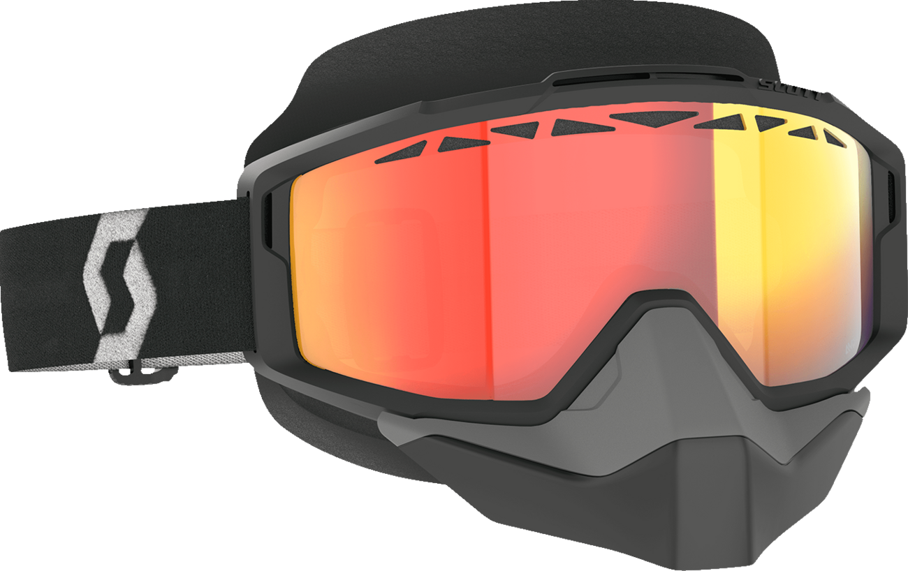 Scott Split OTG Snow Goggle with light-sensitive lenses in black, white, and red chrome for winter sports.