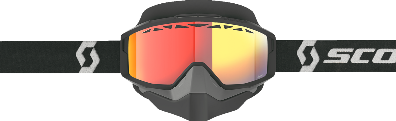 Scott Split OTG snow goggles with light-sensitive lenses, black and white frame with red chrome accents.