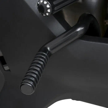 Bill's Exhausts adjustable highway peg in satin black for Can-Am vehicles, featuring chrome accents and mounting hardware.