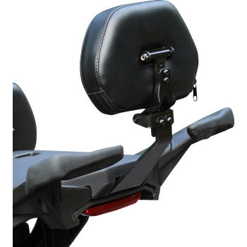 Black ballistic passenger backrest for Ryker 2019-2023, compatible with Show Chrome, enhances comfort and style.