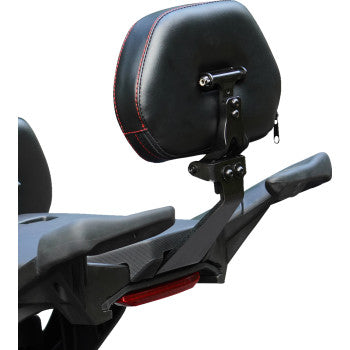Black Ballistic Passenger Backrest with red stitching for Ryker 2019-2023, designed by Bill's Exhausts.