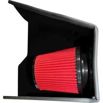 Black Show Chrome cold air intake for Polaris Slingshot 2020-2024, showcasing the sleek metal design with branding details.