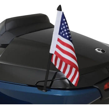 Black Show Chrome flag pole for Can-Am RT/F3, left side, designed by Bill's Exhausts, visible with mounting details and sleek finish.