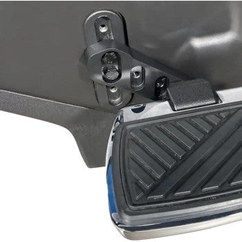 Black SHOW CHROME Floorboard Relocators for Spyder passenger side by Bill's Exhausts, designed for improved comfort and style.