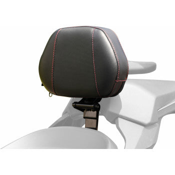 Bill's Exhausts SHOW CHROME Grande Backrest for Can-Am Ryker, driver seat with ballistic red stitch, motorcycle accessory.