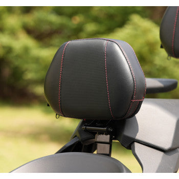 Bill's Exhausts Show Chrome Grande Backrest for Can-Am Ryker with ballistic red stitching, designed for driver comfort.