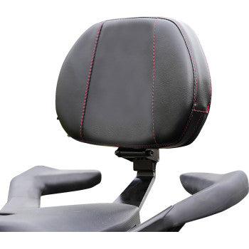 SHOW CHROME Grande Passenger Backrest for Ryker with red stitch, featuring chrome finish and comfortable design.