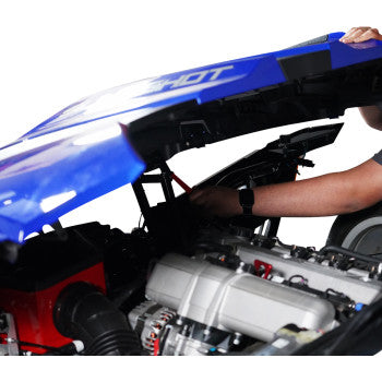 Adjustable SHOW CHROME Hood Rod for Polaris Slingshot by Bill's Exhausts, featuring a shiny chrome finish and mounting hardware.
