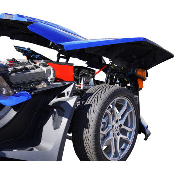 Adjustable chrome hood rod for Polaris Slingshot, designed by Bill's Exhausts, fits models 44-110, enhances hood functionality.
