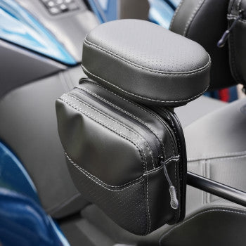 Show chrome platinum arm rest pouch for passenger on Can-Am Spyder RT LTD 2020-2024, two-toned black, by Bill's Exhausts.