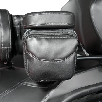 Show Chrome Platinum arm rest pouch for Can-Am Spyder RT LTD passenger seat, two-toned black, compatible with 2020-2024 models.