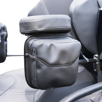 Passenger Show Chrome Platinum Arm Rest Pouch in two-toned black for Can-Am Spyder RT LTD 2020-2024, by Bill's Exhausts.