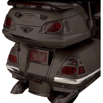 Chrome saddlebag molding inserts for Honda GL1800 by Bill's Exhausts, shown installed on motorcycle saddlebags.