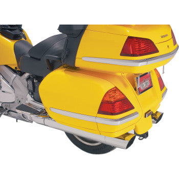 Chrome saddlebag molding inserts for Honda GL1800 motorcycle, designed by Bill's Exhausts for a sleek, customized look.