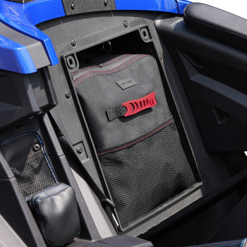 Black Show Chrome The Go Bag for Slingshot 2015-2022 by Bill's Exhausts, shown attached to the motorcycle.