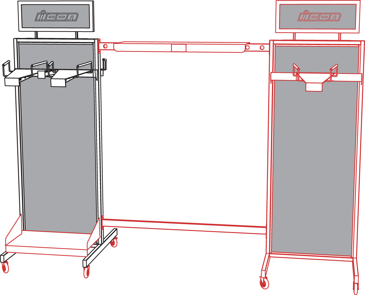 Icon 2-way display rack from Bill's Exhausts showing a versatile metal display stand with multiple hooks for product display.