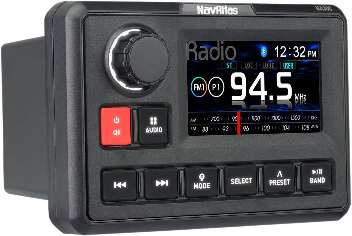 Bill's Exhausts NAVATLAS AM/FM Weather Band Radio engine with Bluetooth NA30C, featuring digital display and control buttons.