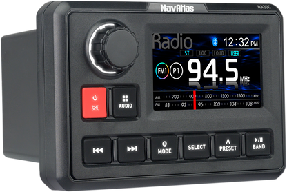 Bill's Exhausts NAVATLAS AM/FM Weather Band Radio engine with Bluetooth NA30C, featuring digital display and control buttons.