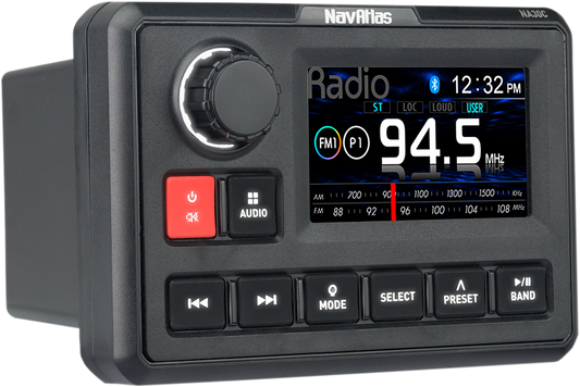 Bill's Exhausts NAVATLAS AM/FM Weather Band Radio engine with Bluetooth NA30C, featuring digital display and control buttons.