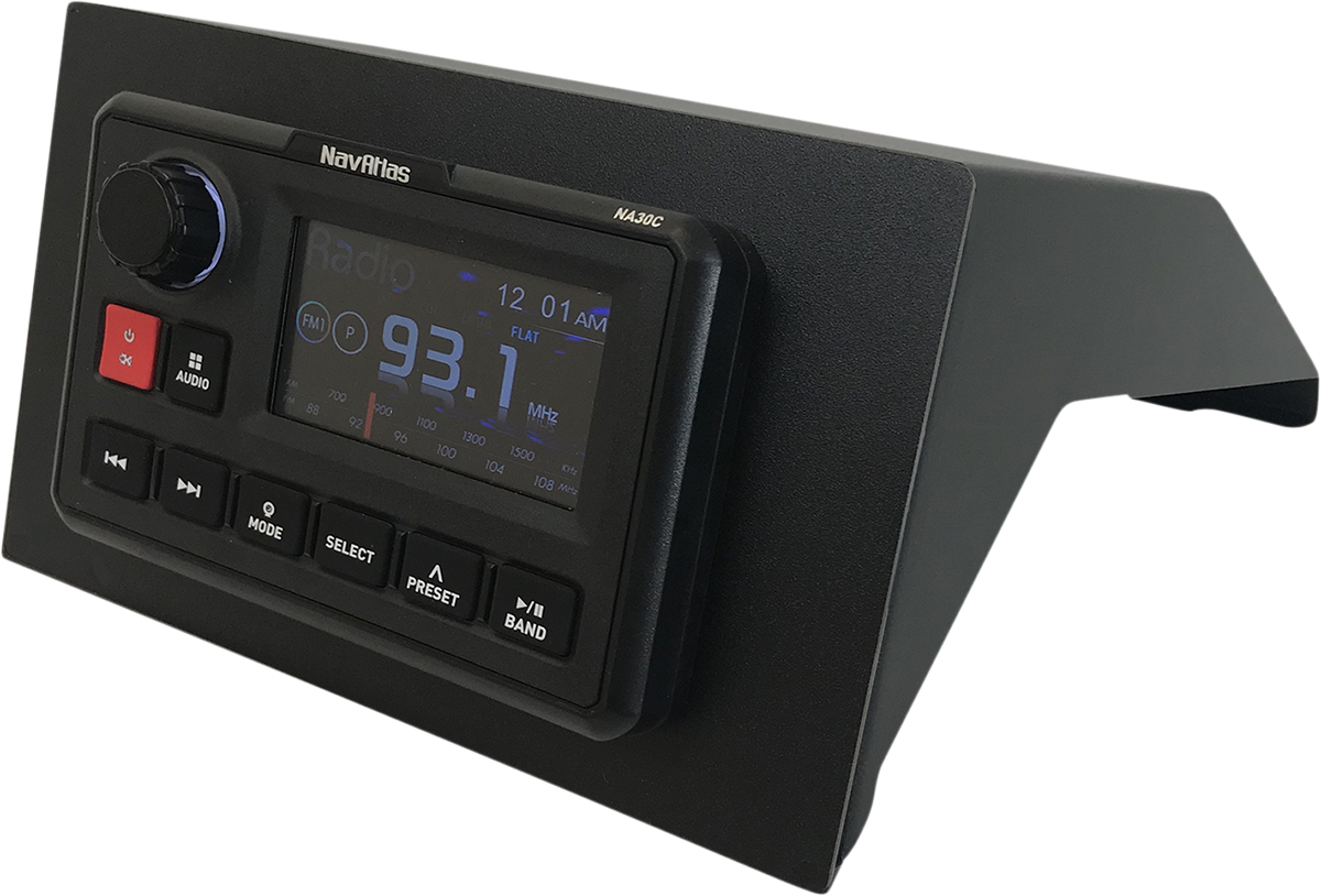 Bill's Exhausts NAVATLAS AM/FM Weather Band Radio engine with Bluetooth NA30C, showing the radio unit mounted on the engine.