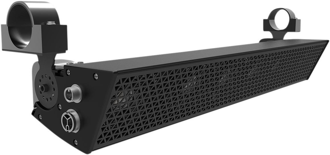 Bill's Exhausts NAVATLAS 27-inch UTV sound bar with built-in amp, mounted on an engine for enhanced audio performance.