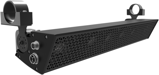 Bill's Exhausts NAVATLAS 27-inch UTV sound bar with built-in amp, mounted on an engine for enhanced audio performance.