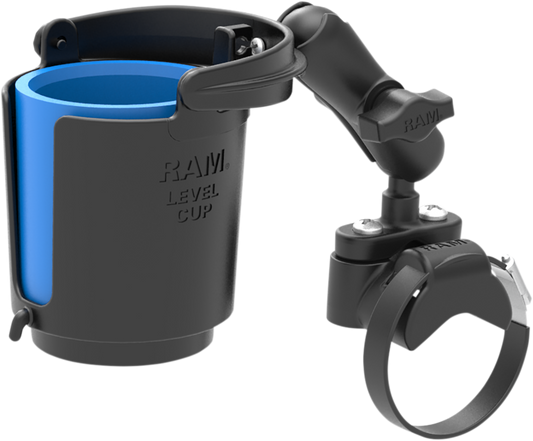RAM MOUNTS Cup Holder Level Rail Mount on engine, compatible with RAM-B-132RU, designed for secure vehicle cup placement.