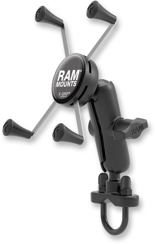Large RAM MOUNTS Device Cradle with X-Grip for engine, U-bolt mount, compatible with Bill's Exhausts vehicle engines.