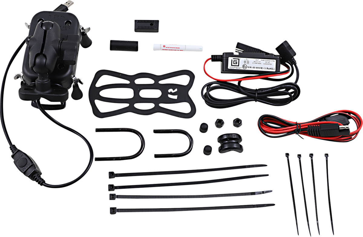 RAM MOUNTS Tough-Charge wireless waterproof device holder with U-bolt mount for engine, compatible with hardwire charging systems.