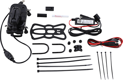 RAM MOUNTS Tough-Charge wireless waterproof device holder with U-bolt mount for engine, compatible with hardwire charging systems.