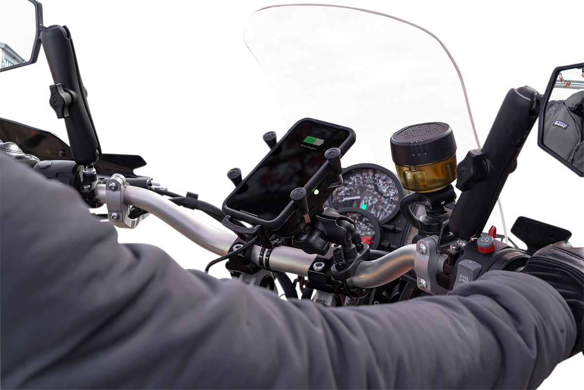 Bill's Exhausts RAM Mounts device holder for engine, Tough-Charge wireless waterproof hardwire charger with U-bolt mount.