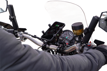 Bill's Exhausts RAM Mounts device holder for engine, Tough-Charge wireless waterproof hardwire charger with U-bolt mount.