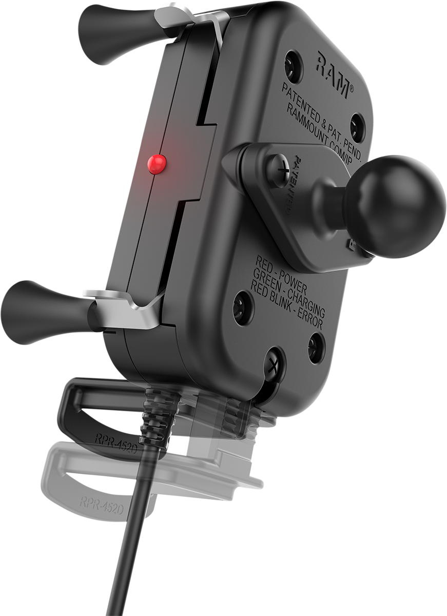 Bill's Exhausts RAM MOUNTS device holder for engine, waterproof wireless charger with U-bolt mount, rugged and hardwired.