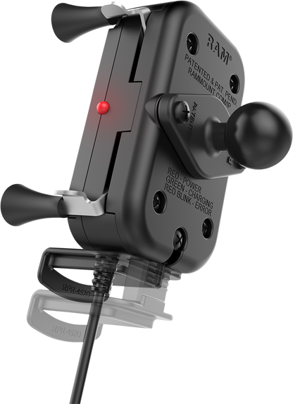 Bill's Exhausts RAM MOUNTS device holder for engine, waterproof wireless charger with U-bolt mount, rugged and hardwired.