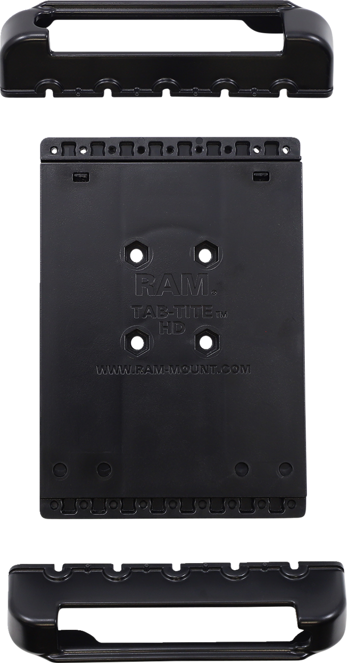 Spring-loaded RAM Mounts Tab-Tite holder for tablets, black engine accessory with secure grip, by Bill's Exhausts.