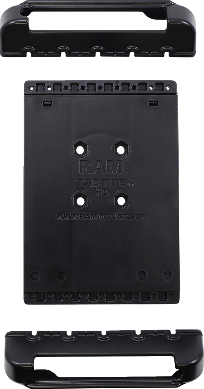 Spring-loaded RAM Mounts Tab-Tite holder for tablets, black engine accessory with secure grip, by Bill's Exhausts.