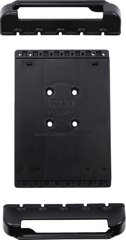 Spring-loaded RAM Mounts Tab-Tite holder for tablets, black engine accessory with secure grip, by Bill's Exhausts.