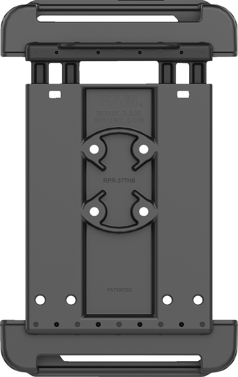 Spring-loaded RAM Mounts Tab-Tite holder for tablets, mounted on an engine with visible mounting bracket and device securely held.