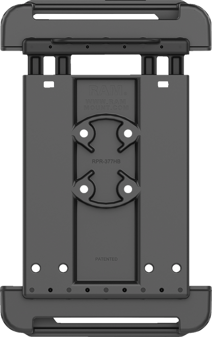 Spring-loaded RAM Mounts Tab-Tite holder for tablets, mounted on an engine with visible mounting bracket and device securely held.