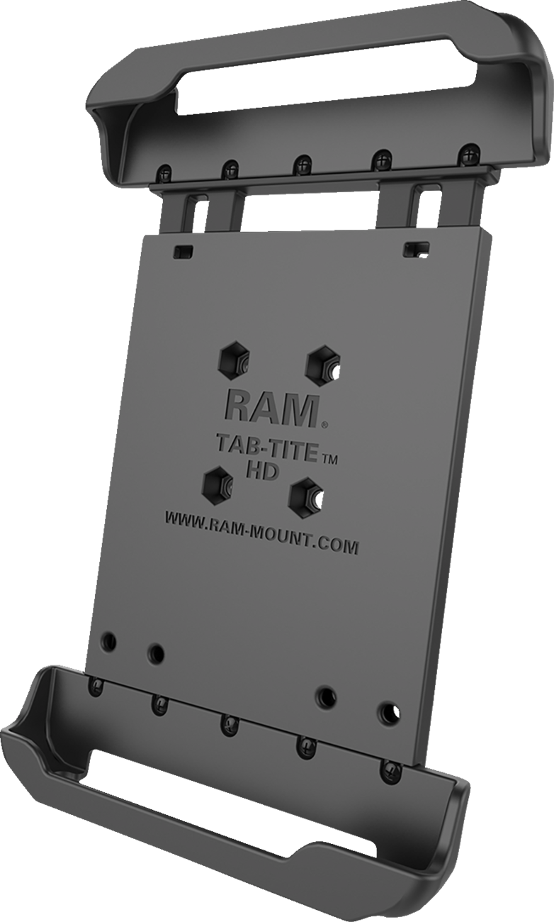 Spring-loaded RAM Mounts Tab-Tite holder attached to an engine, designed to securely hold tablets or devices during use.