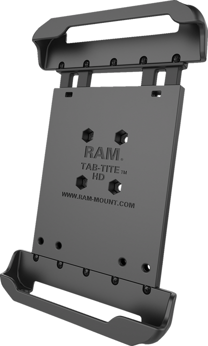Spring-loaded RAM Mounts Tab-Tite holder attached to an engine, designed to securely hold tablets or devices during use.